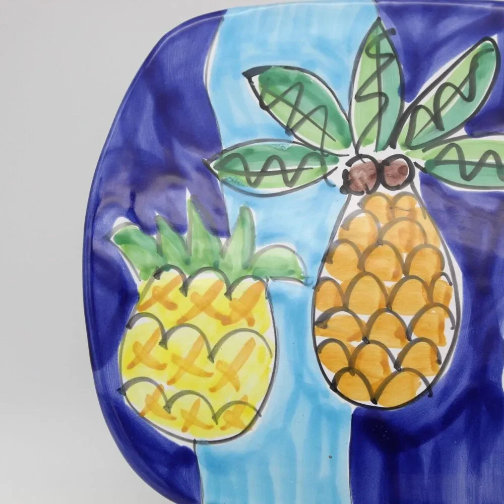 Italian Pottery Trivet La Musa Ceramic Pineapples & Palm Tree Hand Painted VTG